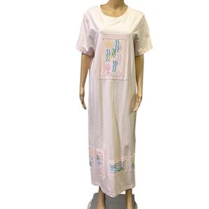 Vintage Delicate SPA Pink Maxi Shirt Dress Cover Up Coastal Fish Womens Medium